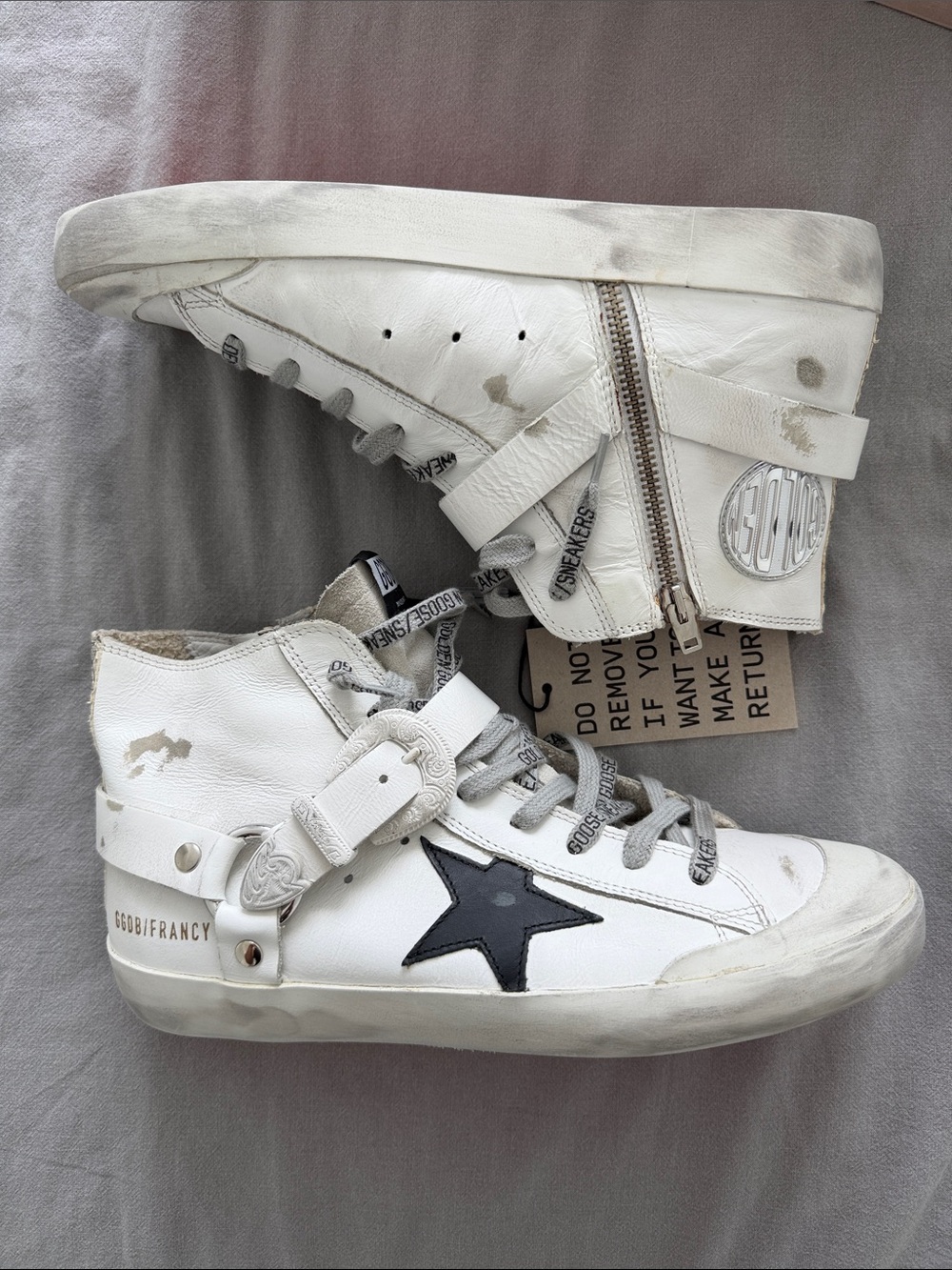 Golden Goose White High-Top Kids Sneakers with Black Star and Gray Accents